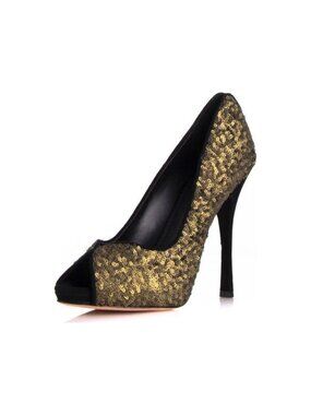 Jean-Michel Cazabat Opal Pump Black Gold Sequin Peep Toe Stiletto Heels